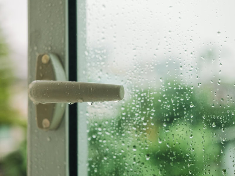 Why You Need Whole-House Humidity Control. Raindrop on window with handle.
